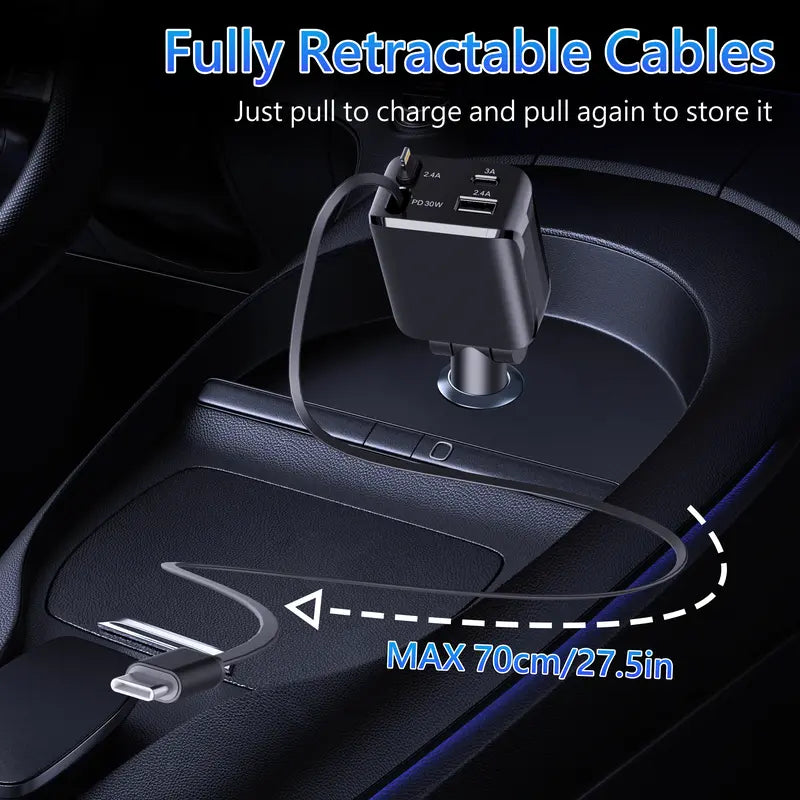 4 in 1 Retractable Car Charger, USB C Fast Charging Adapter with Lightning Cable Compatible with iPhone 16/15/14/13 Pro Max Plus, Samsung S23/S22/S10