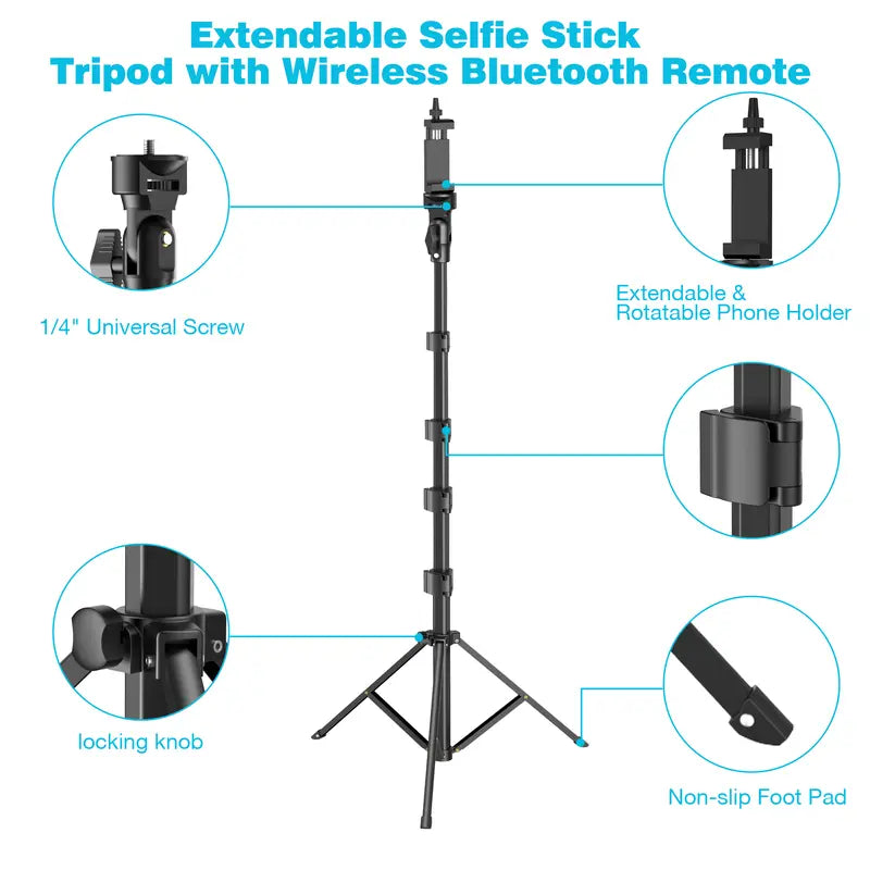 62'' Extendable Phone Tripod & Selfie Stick with Wireless Remote and Universal Holder, Compatible with iPhone, Android, and Cameras