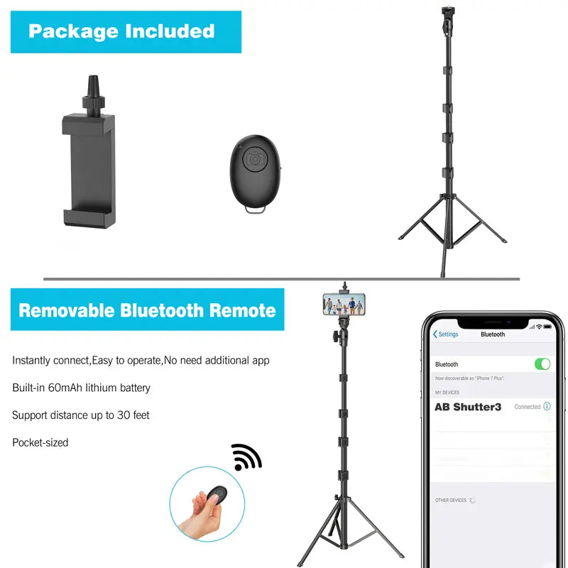 62'' Extendable Phone Tripod & Selfie Stick with Wireless Remote and Universal Holder, Compatible with iPhone, Android, and Cameras