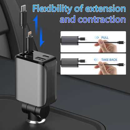 4 in 1 Retractable Car Charger, USB C Fast Charging Adapter with Lightning Cable Compatible with iPhone 16/15/14/13 Pro Max Plus, Samsung S23/S22/S10