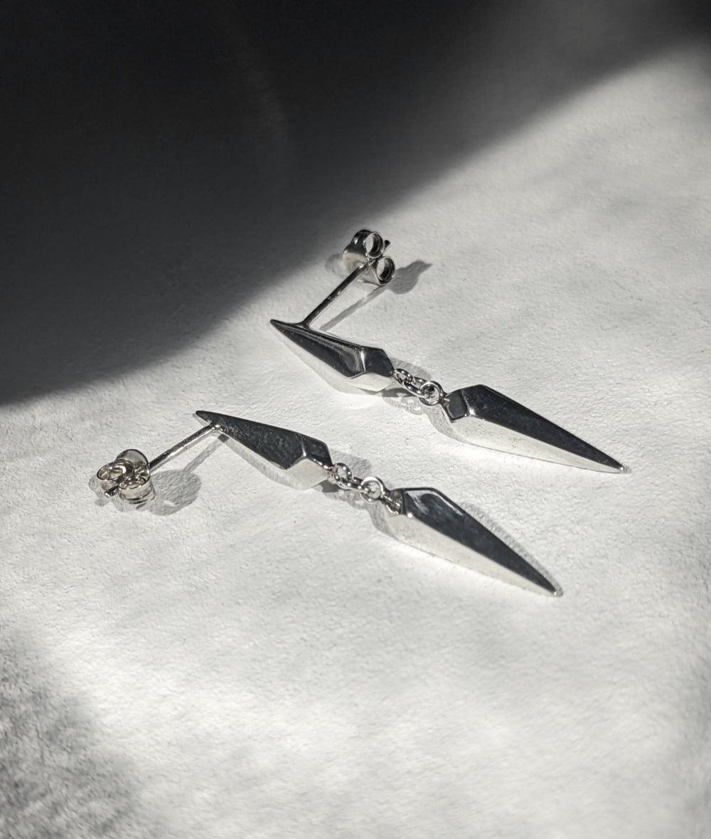 Facet Silver Long Drop Stud Earrings