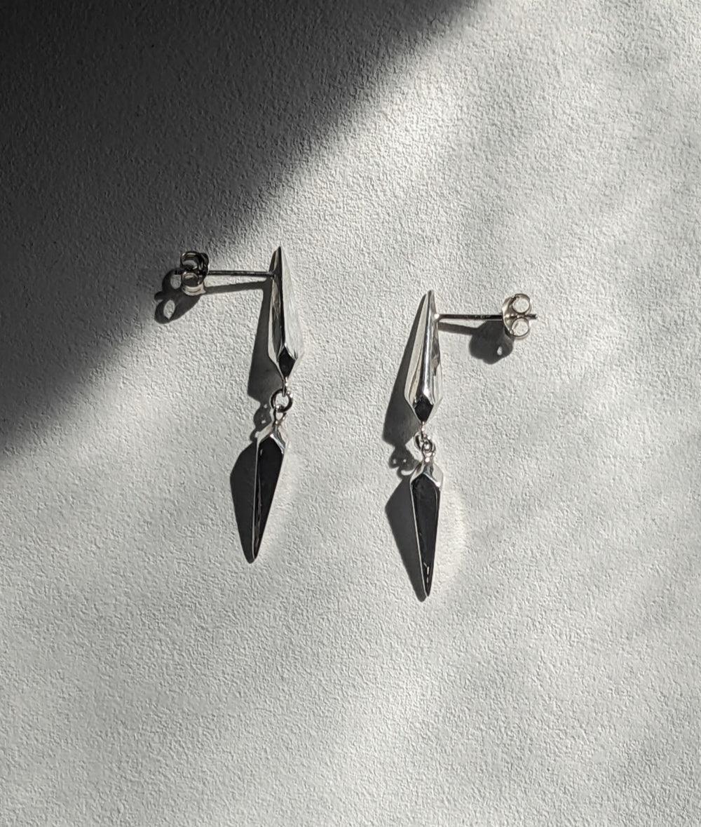 Facet Silver Long Drop Stud Earrings
