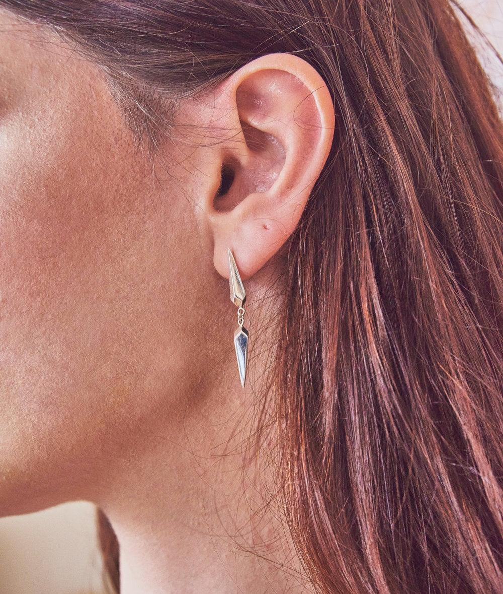 Facet Silver Long Drop Stud Earrings