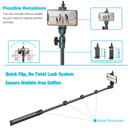 62'' Extendable Phone Tripod & Selfie Stick with Wireless Remote and Universal Holder, Compatible with iPhone, Android, and Cameras