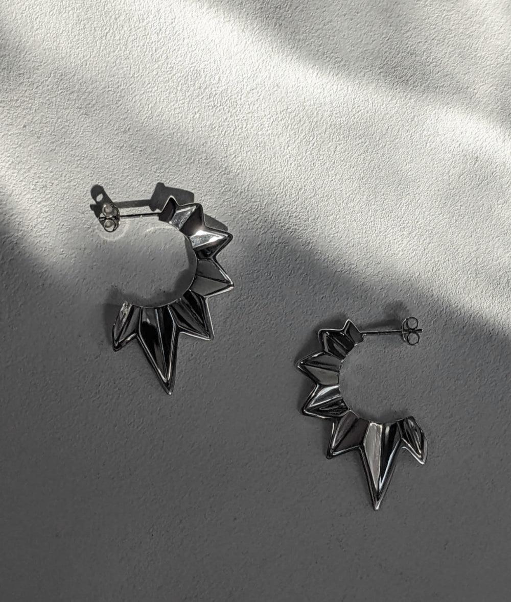 Fracture Silver Half Hoop Stud Earrings