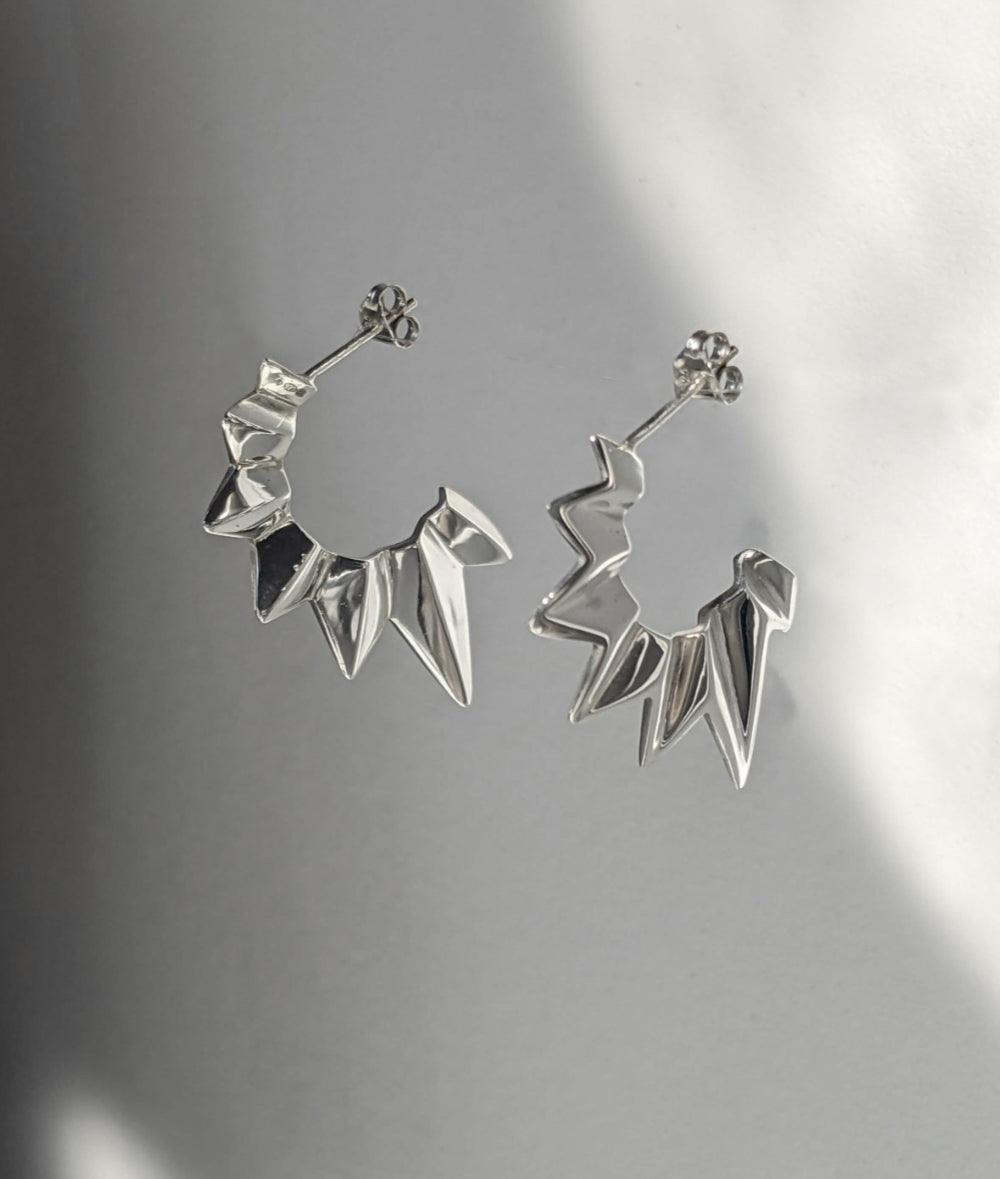 Fracture Silver Half Hoop Stud Earrings