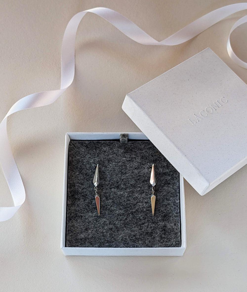 Facet Silver Long Drop Stud Earrings