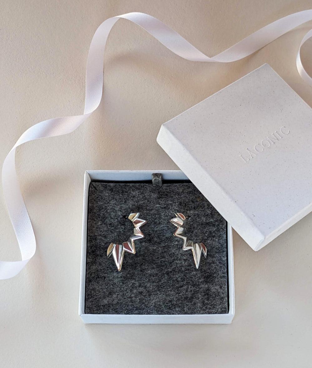 Fracture Silver Half Hoop Stud Earrings